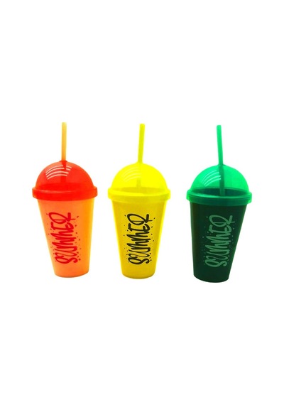 Qlux L-00850 Summer Pipetli Plastik Bardak 450 Ml - Şeffaf Renkli Kapak- 12'li Paket