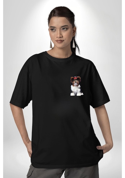 Biewer Yorshire Terrier Siyah Oversize Unisex Ön Sol Yan Minimal Baskılı Tişört Koyu Siyah