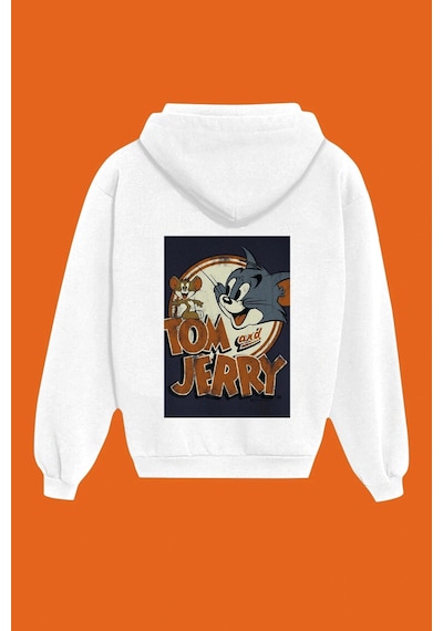 Unisex Beyaz Tom And Jerry Sırt Baskılı Sweatshirt Beyaz