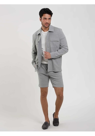 Dufy Gri Erkek Slim Fit Çizgili Casual Short - 104668-Gri