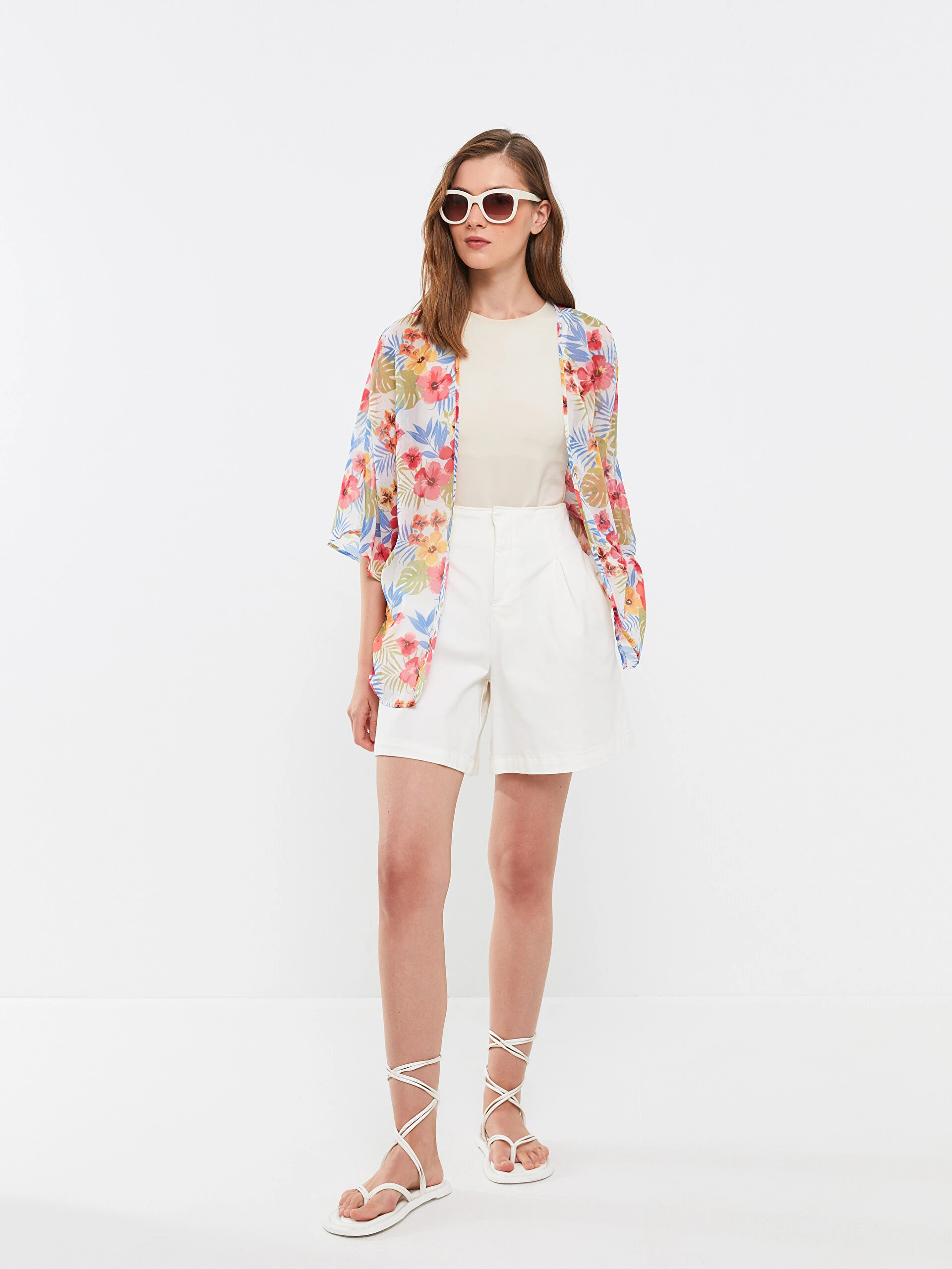 LC Waikiki Lcw Eco Ekru Şal Yaka Desenli Kadın Kimono