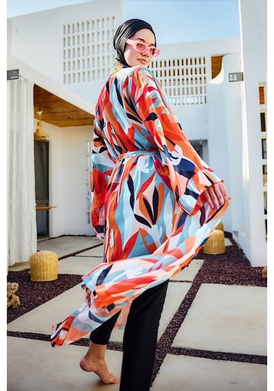 Remsa Mayo Remsa Tesettür Mayo Üzerine Tek Kaftan Kimono Pareo Turuncu Rp027 Lotus Turuncu