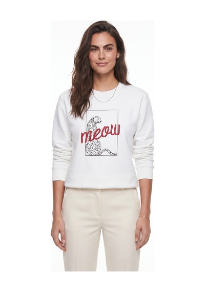 Onloox Kadın Beyaz Beyaz Pamuklu Kumaş Bisiklet Yaka Uzun Kollu Leopar Baskılı Detaylı Sweatshirt T-shirt