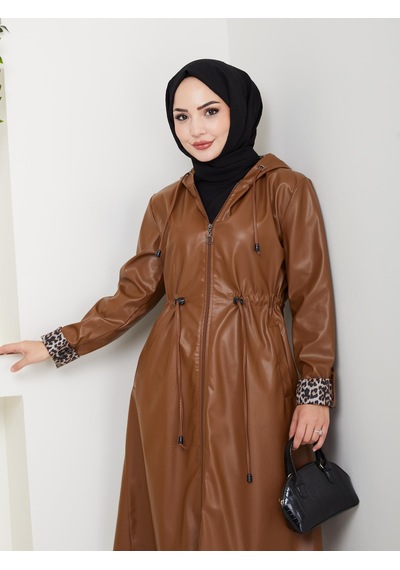 Hb Harma Time Butik Kadın Kapüşonlu Fermuarlı Şardonlu Deri Taba Kap