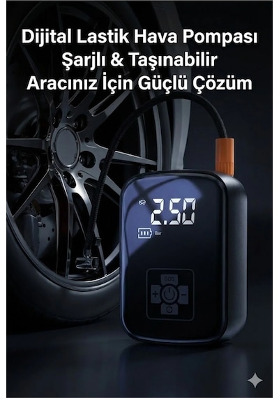 Dijital Şarjlı Araç Lastik Hava Pompası Kompresör Taşınabilir Led Ekranlı