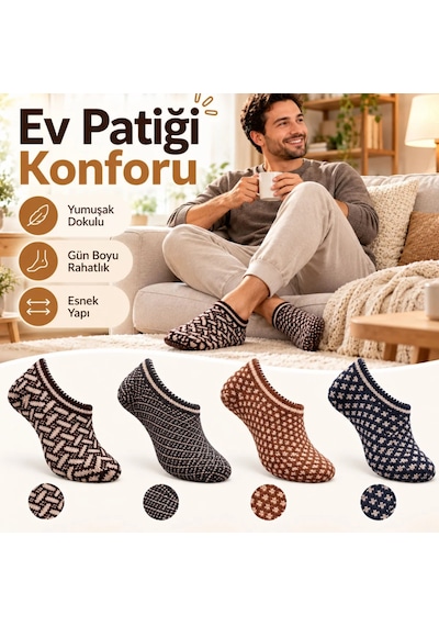 Womanandkids Wak Erkek Ev Patiği 8'li Set Geometrik Desenli Örgü Görünümlü Kısa Patik Çorap Karışık Renkli Paketler ÇoK Renkli