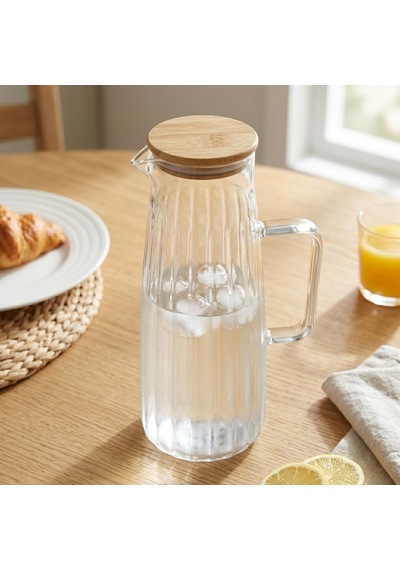 Bambu Kapaklı Borosilikat Cam Yağdanlık Ve Sürahi, Çok Amaçlı İçecek Ve Sıvı Gıda Saklama 1000ml 11x26cm