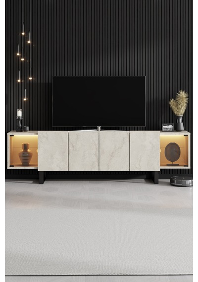 Zenit Siyah Demir Ayaklı Rgb Led Işık Sistemli Traverten Tv Ünitesi Tv Sehpası Traverten - Siyah