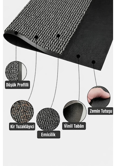 Nem Alıcı Kapı Önü Paspası 60x40 Cm %100 Polipropilen Pvc Kaymaz Taban İç & Dış Mekân Gri