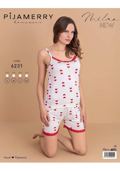 Pijamerry Kadın İp Askılı Milan Kumaş Likralı Şortlu Pijama Takımı 6231 - 1 Adet Beyaz
