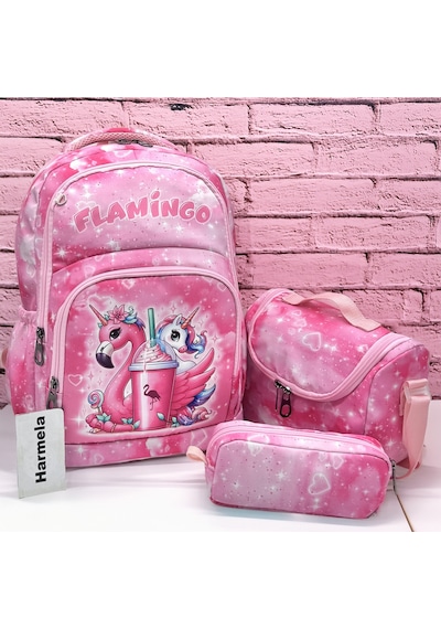 Harmela Kız Çocuk İlk Okul Çantası Pembe 3'lü Set İlkokul Çantası Karakter Desenli Takım Pembe
