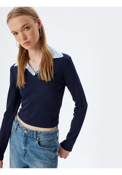 Koton Pamuklu Gömlek Yaka Katlı Slim Fit Uzun Kollu Tişört Lacivert 7wal10124ık