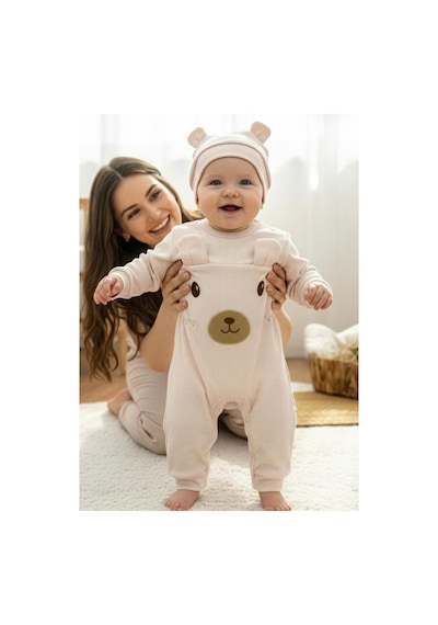 Altıntaş Baby Kulaklı Ayıcık Nakışlı Bereli Erkek Bebek Fitilli Tulum Krem Krem