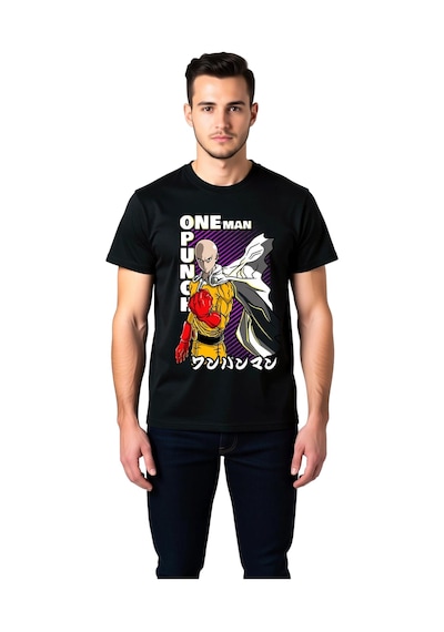 Paybuy Anime Süper Kahraman Gücü Baskılı Erkek Tişört Siyah