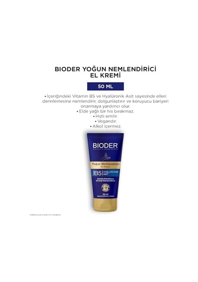 Bioder Yoğun Nemlendirici El Bakım Kremi 50 Ml Hyalüronik Asit Ve B5 Vitamini İçerikli, Hızlı Emilen Nemlendirici