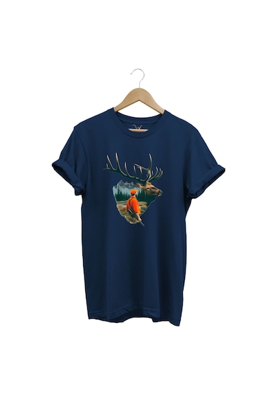 Doğa Avcılık Geyik Ve Avcı Tema Baskılı %100 Pamuk Lacivert T-shirt Lacivert