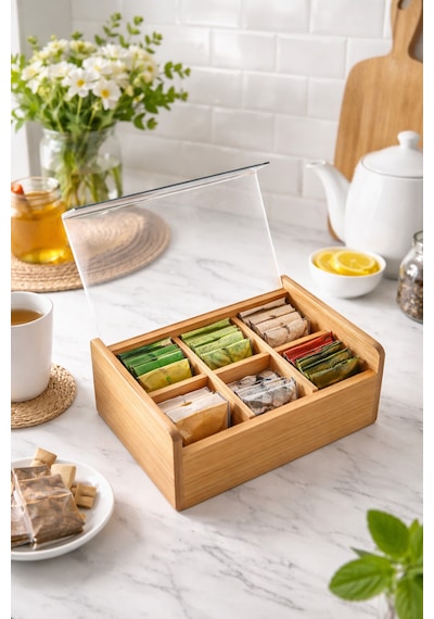 Makri Home Bambu 6 Bölmeli Düzenleyici Kutu, Şeffaf Kapak Bambu