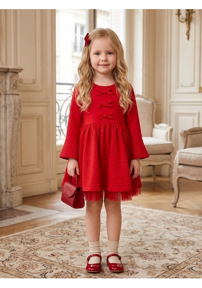 Zekids Kız Çocuk Simli Fiyonk Detaylı Tüllü Elbise-17585 Kırmızı
