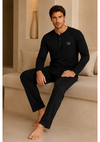 Loule Erkek Siyah %100 Pamuk Penye Uzun Kollu Pijama Takımı