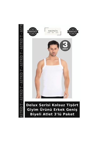 Astrid T Delux Serisi Kolsuz Tişört Giyim Ürünü Erkek Geniş Biyeli Atlet 3'lü Paket beyaz