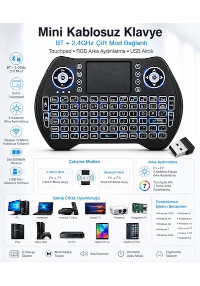 Mini Kablosuz Klavye Bt + 2.4ghz Çift Mod Bağlantı, Dahili Touchpad, Rgb Arka Aydınlatma, Usb Alıcılı, Smart Tv Android Tv Box Pc Tablet Telefon Htpc Projektör Ps3 Uyumlu Ksw1 Mini Kablosuz Klavye Bt + 2.4ghz Çift Mod Bağlantı, Dahili Touchpad, Rgb Arka Aydınlatma, Usb Alıcılı, Smart Tv Android Tv Box Pc Tablet Telefon Htpc Projektör Ps3 Uyumlu Ksw1