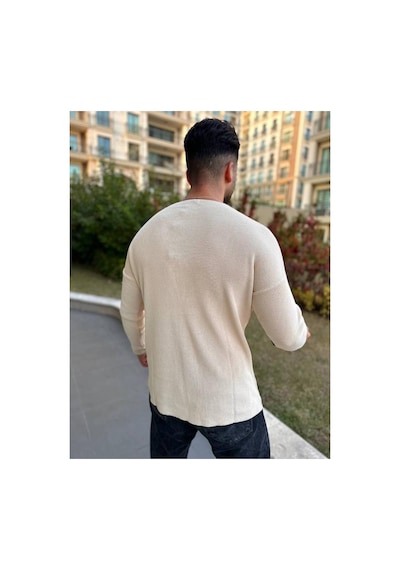 Elku Moda Kazak Oversize Örme Natural Pamuk Tüylenmeyen Kazak Salaş Tarz Triko Sweatshirt Dökümlü Model Açık Bej