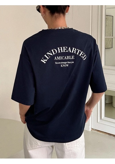 Flood Of Style Kadın Lacivert Kind Hearted Baskılı Oversize T-shirt