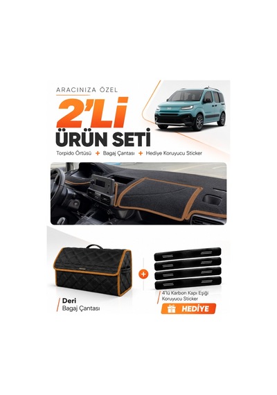 Fiat Doblo 2023-2026 Uyumlu Torpido Örtüsü + Deri Bagaj Çantası + Sticker Seti - Siyah Kahverengi