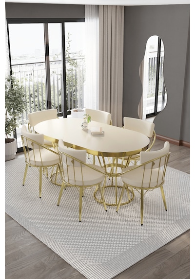 Turkuaz Mutfak Masası Takımı 6-8 Kişilik 90 160 Gold Krem