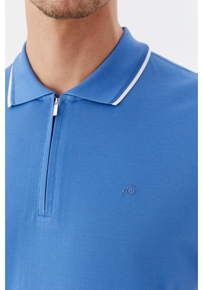 Sabri Özel Mavi Regular Fit %100 Pamuk Fermuarlı Polo Yaka T-shirt