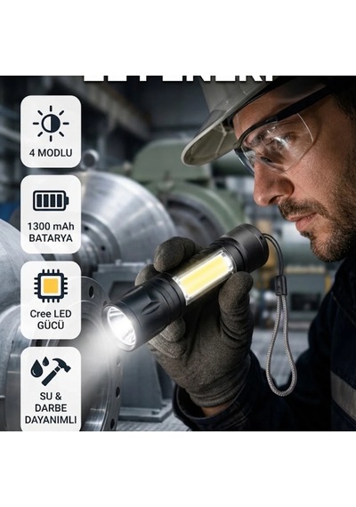 4 Modlu Şarjlı El Feneri Cree Led, 1300 Mah Batarya, Su Ve Darbe Dayanımlı