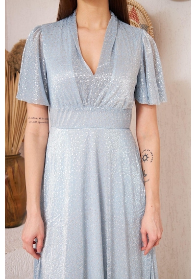 Darlin Moda Mavi Simli Tül Üzeri Gri Puantiyeli  Astarlı Abiye Elbise DM45948
