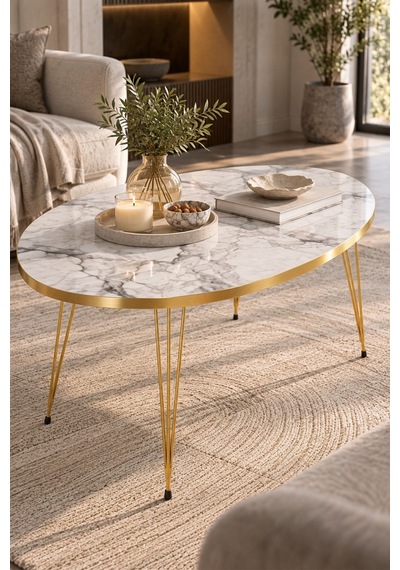 Sulorahome Elips Gold Orta Sehpa Altın - Mermer