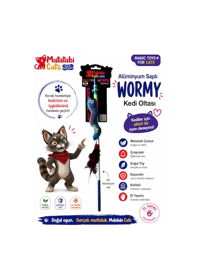 Al. Saplı Wormy Kedi Oltası, Sesli Peluş Kedi Oyuncaklı - Doğal Matatabi Içerikli