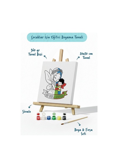 En Tatlı Annem Yazılı Eğitici Boyama Tuvali Şövaleli Boya Seti 20x20 Cm