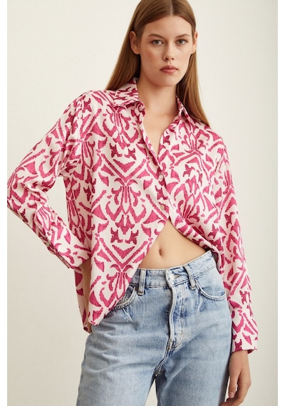 Never More V Yaka Desenli Saten Gömlek Fuşya Fuşya