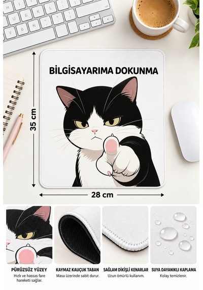 Bilgisayarıma Dokunma Siyah Kedi Tasarımlı Mousepad 28x35 Cm Kaymaz Tabanlı Dikişli Kenar Ofis Ve Masaüstü