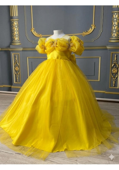 Star Kids Fashion Kız Çocuk Sarı Kelebek Detaylı Prenses Elbise ,kız Çocuk Abiye Elbise