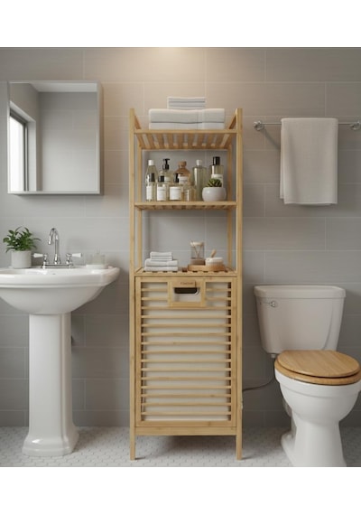 %100 Doğal Bambu Kirli Çamaşır Sepeti Ve 3 Raflı Banyo Düzenleyici Dolap Organizer Diğer