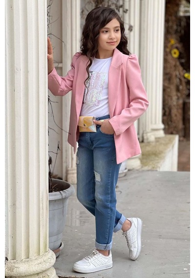 Riccotarz Kız Çocuk Üzeri Harf Pulpayet Tişört Ve Jean Pudra Blazer Ceket Alt Üst Takım Pudra Riccotarz Kız Çocuk Üzeri Harf Pulpayet Tişört Ve Jean Pudra Blazer Ceket Alt Üst Takım Pudra