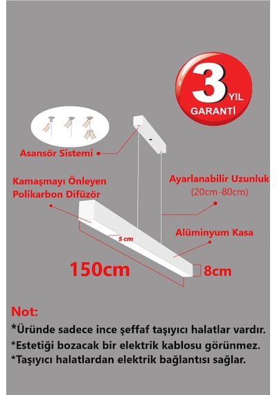 Rultech Linear 150cm Beyaz Kasa Ledli Sarkıt Modern Led, Salon, Mutfak, Ofis, Mağaza, Masa Üstü Led Avize Gün Işığı