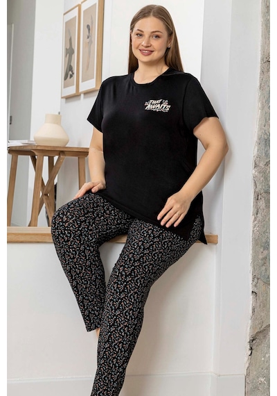 Aydoğan Kadın İnci Büyük Beden Kısa Kol Siyah Pijama Takım 0059 Siyah