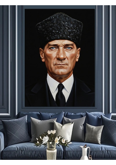 Kalpaklı Mustafa Kemal Atatürk Portresi Dekoratif Kanvas - Mdf Ahşap Tablo