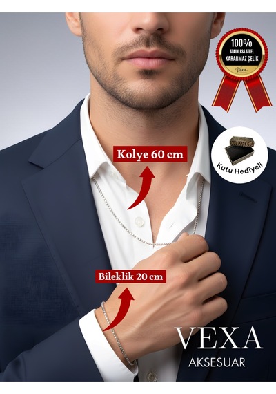 İthal Premium 3 Mm Kararmaz Örme Çelik Kolye Ve Bileklik Set - Kutulu Ve Hediyeli Ürün Gümüş