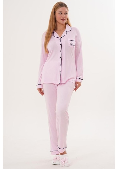 Mecit Pijama Mecit 6333 Pembe Kadın Sabahlıklı Boydan Düğmeli Pijama Takımı Pembe