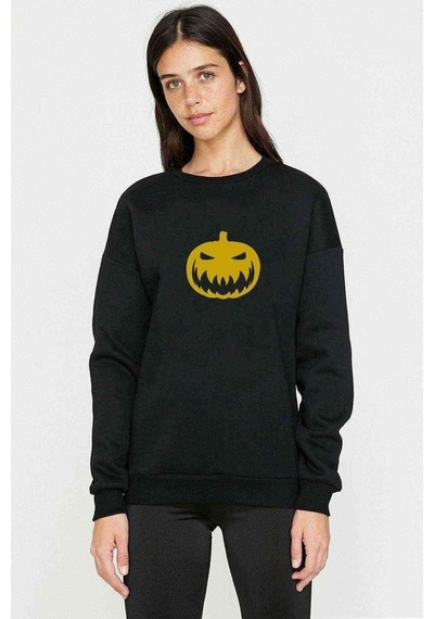 Silhouette Halloween Pumpkin Baskılı Siyah Kadın Sweashirt