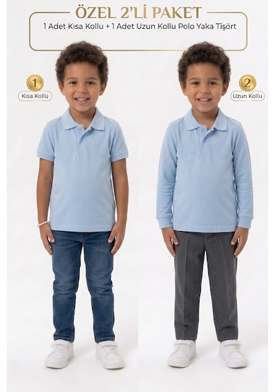 Nacar Store Unisex Çocuk Uzun Ve Kısa Kollu Polo Yaka Okul Tişörtü 2'li Set Bebek Mavi