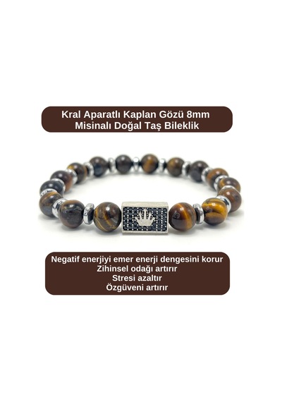 Sertifikalı Zirkon Kral Aparatlı Kaplan Gözü - 8mm Doğal Taş Misinalı Bileklik Çok Renkli