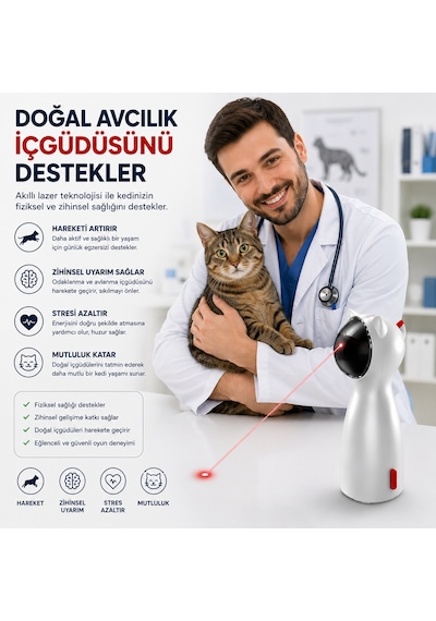 Hpytech Otomatik Lazer Kedi Oyuncağı Hpytech Lazer Işıklı Kedi Oyuncağı 5 Hareket Seviyesi Usb & 4 Aa Pil Destekli Manuel Modlu İnteraktif Kedi Oyuncağı