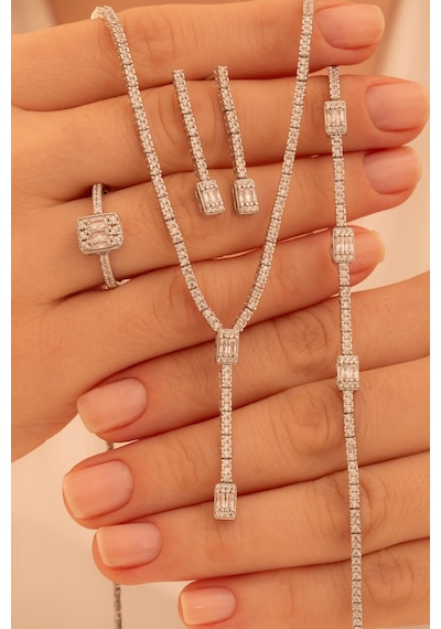 Kadın Gümüş Takı Seti - Süreyya Baget Taşlı Kare Model Kolye, Bileklik, Yüzük, Küpe Tam Set